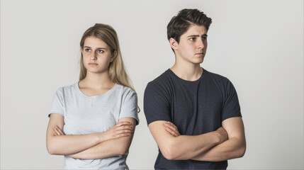 Unhappy young couple standing side by side with arms crossed, looking away in silence; tension and distance in relationship on white background.
