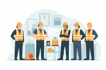 Diverse Team of Engineers and Technicians Wearing Safety Gear Inspecting a Factory or Laboratory, Promoting Collaboration and Expertise in Industrial Environments.