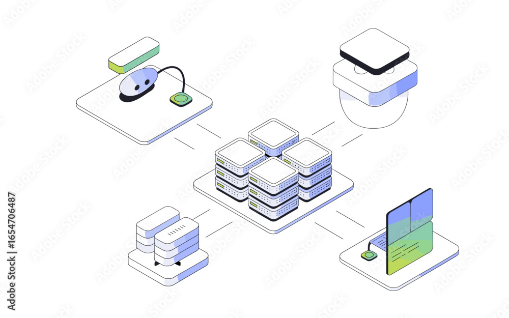 Poster isometric illustration of connected devices, network servers, and cloud computing for data managemen