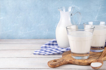 Homemade dairy Buttermilk Drink, Cultured buttermilk with low-calorie, calcium, vitamin and protein rich beverage, copy space