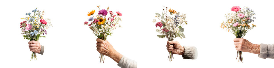 Fototapeta na wymiar Elderly Hands Holding Bouquets of Flowers: Gesture of Love