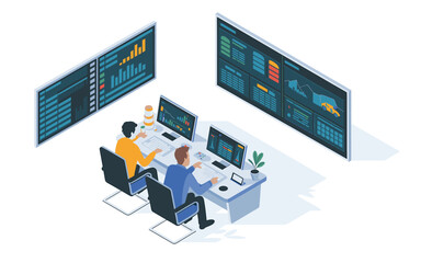 Financial Data Analysis: Isometric Illustration of Two Professionals Examining Charts, Graphs, and Data on Multiple Screens in an Office Environment.