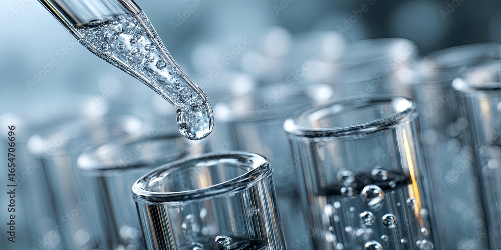 Poster precision dropper releasing liquid into clear test tubes in laboratory setting with soft blue backgr