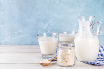 Buttermilk dairy powder, dry substitute for skimmed Cultured buttermilk, with low-calorie, calcium, vitamin and protein rich beverage, copy space