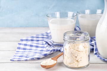 Buttermilk dairy powder, dry substitute for skimmed Cultured buttermilk, with low-calorie, calcium, vitamin and protein rich beverage, copy space