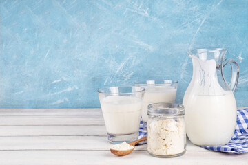 Buttermilk dairy powder, dry substitute for skimmed Cultured buttermilk, with low-calorie, calcium, vitamin and protein rich beverage, copy space