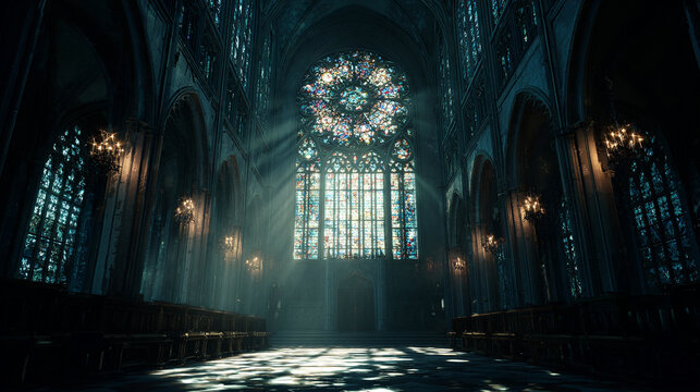 Gothic cathedral stained glass window lit by moonlight, mysterious shadows, dark mystical atmosphere
