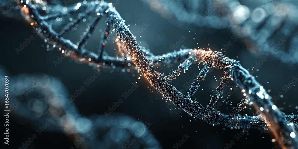 Poster abstract representation of dna structure with glowing particles and digital elements in a scientific