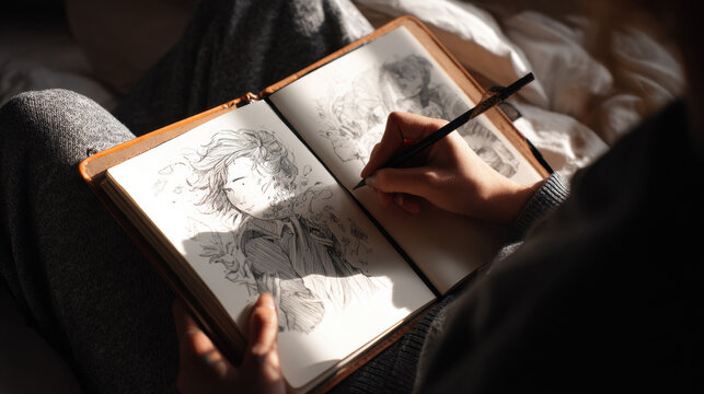 Person sketching emotional character in sketchbook under soft sunlight