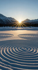 Winter sunrise over frozen lake with concentric ice ripples and snow covered mountains isolated on transparent background