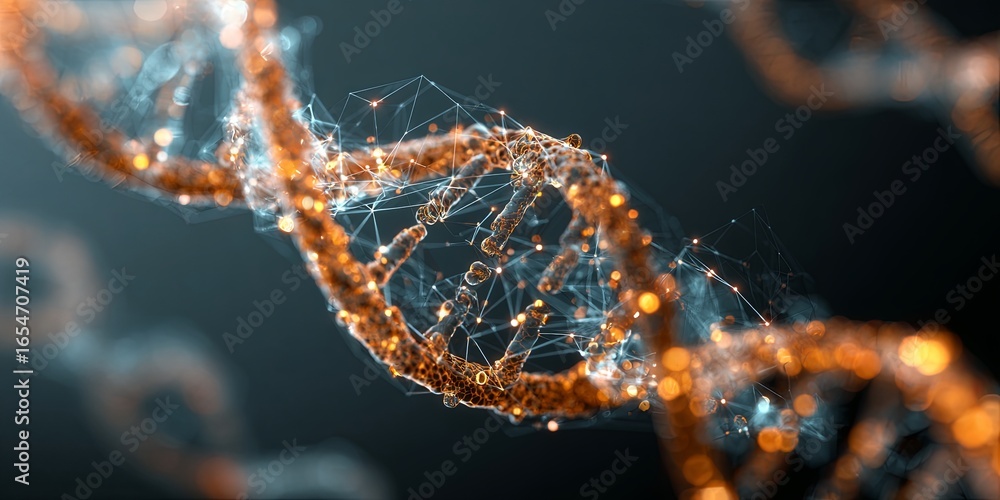Poster abstract representation of dna structure with glowing particles and digital elements in a scientific