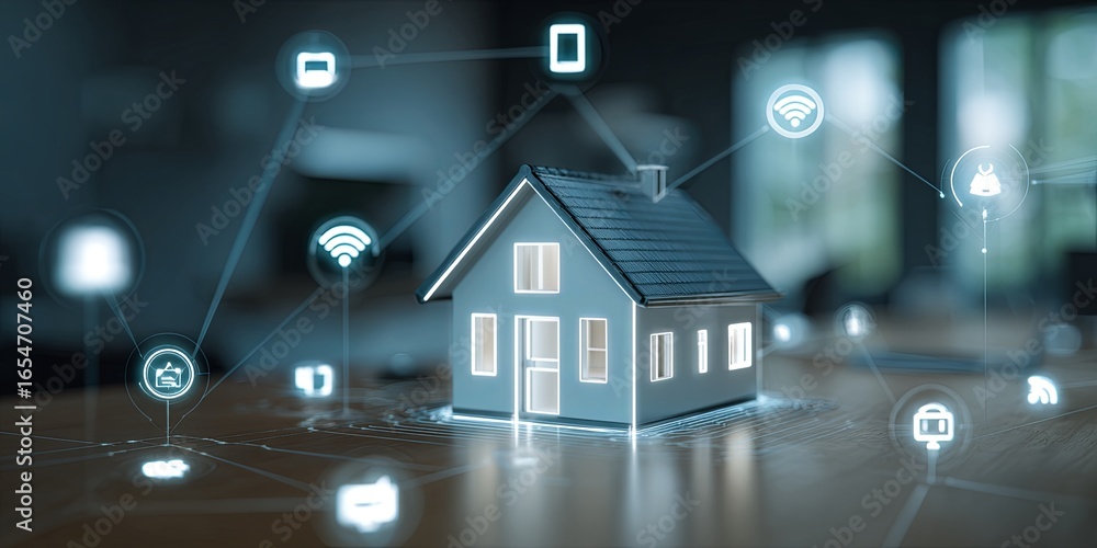 Poster modern smart home technology concept with network connections and digital icons representing home au
