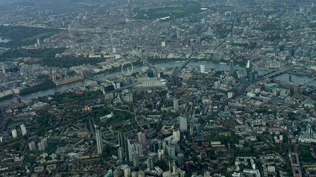 An aerial video of downtown London England on a summer morning.