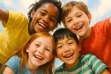 Fototapeta premium happy kids, joyful group, friends together, playful children, smiling faces, fun moment, friendship, happiness, outdoor fun, cheerful kids