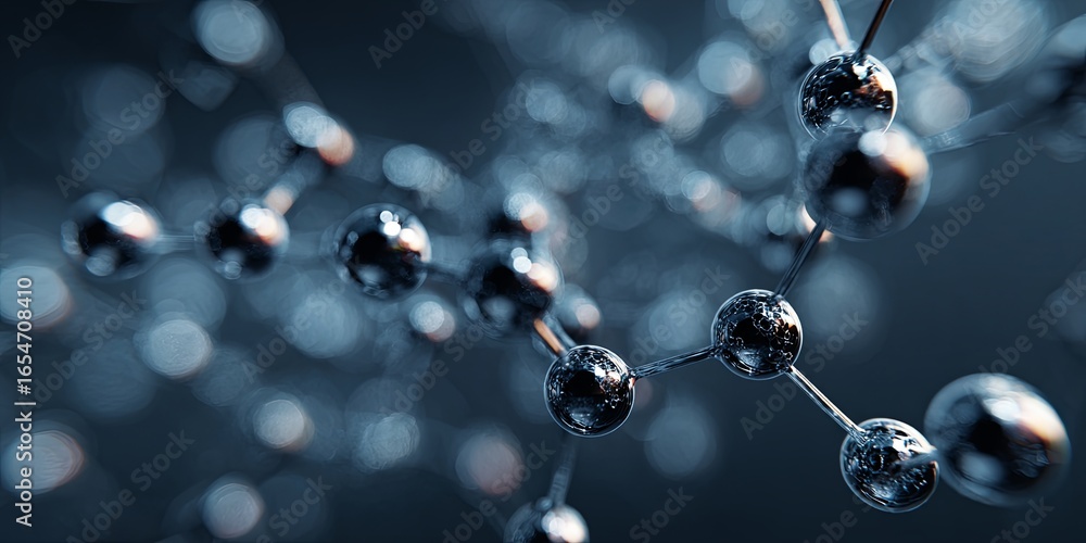 Poster futuristic visualization of molecular structure with metallic spheres and connecting bonds in abstra