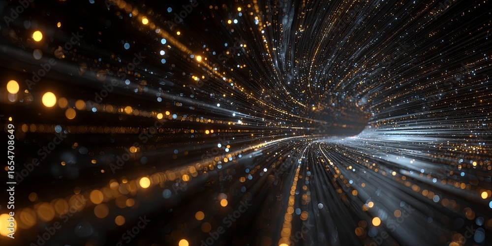 Poster futuristic digital tunnel with glowing lines and particles representing technology, innovation, and 
