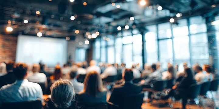 Business presentation in a spacious modern office with engaged audience listening to speaker during corporate training session - Powered by Adobe