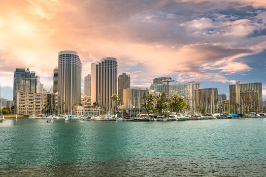 Skyline city view of urban Oahu Hawaii and Waikiki beach