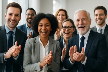 celebrating team, business team celebrating success, group of professionals applauding, happy corporate team, team success, business group celebrating, office teamwork