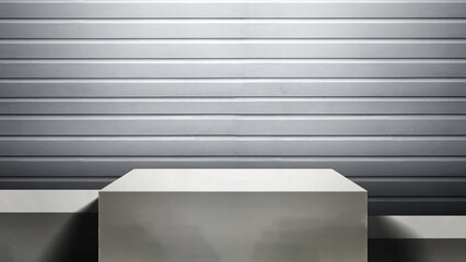 Minimalist stage or podium display with a striped pattern wall background. Product presentation,...