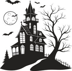 Crooked Haunted House Silhouette with Tower and Full Moon - Spooky Halloween Gothic Manor Vector Illustration with Flying Bats for Horror Design and Seasonal Decoration