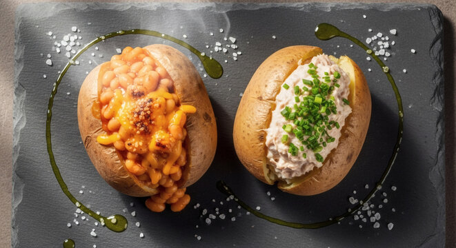 Overhead Shot of Two Gourmet Jacket Potatoes with Baked Beans & Cheese and Tuna Mayo on a Dark Slate Plate