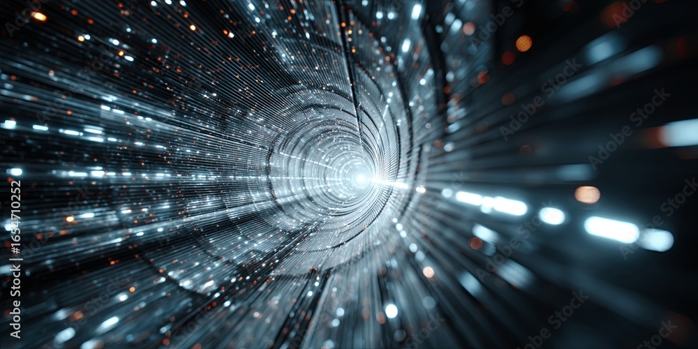 Poster futuristic digital tunnel with glowing lines and particles representing technology, innovation, and 