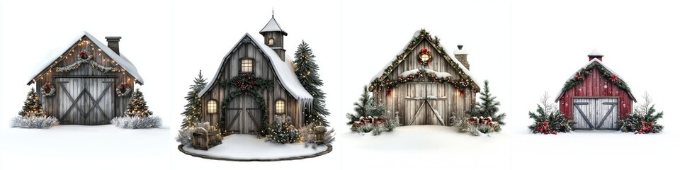 Obraz premium A charming collection of Christmas barns adorned with festive decorations and snowy roofs, creating warm holiday atmosphere.