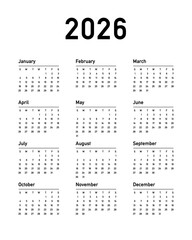  Calendar 2026 week start Sunday, english or american. corporate design planner template. desk or wall calendar 2026, print media, Business template