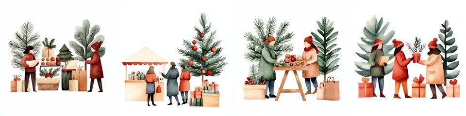 A festive Christmas market scene with people shopping for holiday decorations and gifts, surrounded by trees and presents.