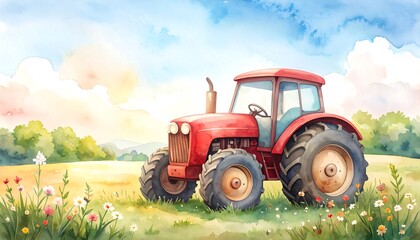 Obraz premium Watercolor illustration of a red tractor in a field (1)