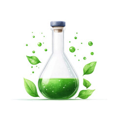 Green potion in a laboratory flask with leaves