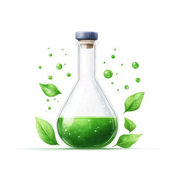 Green potion in a laboratory flask with leaves