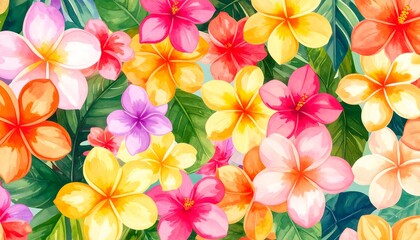 Obraz premium Vibrant tropical flowers and leaves create a lush, colorful design.
