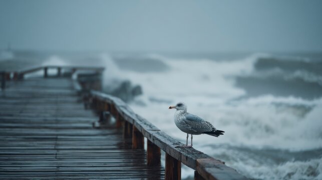Stormy weather seagull on pier - Powered by Adobe