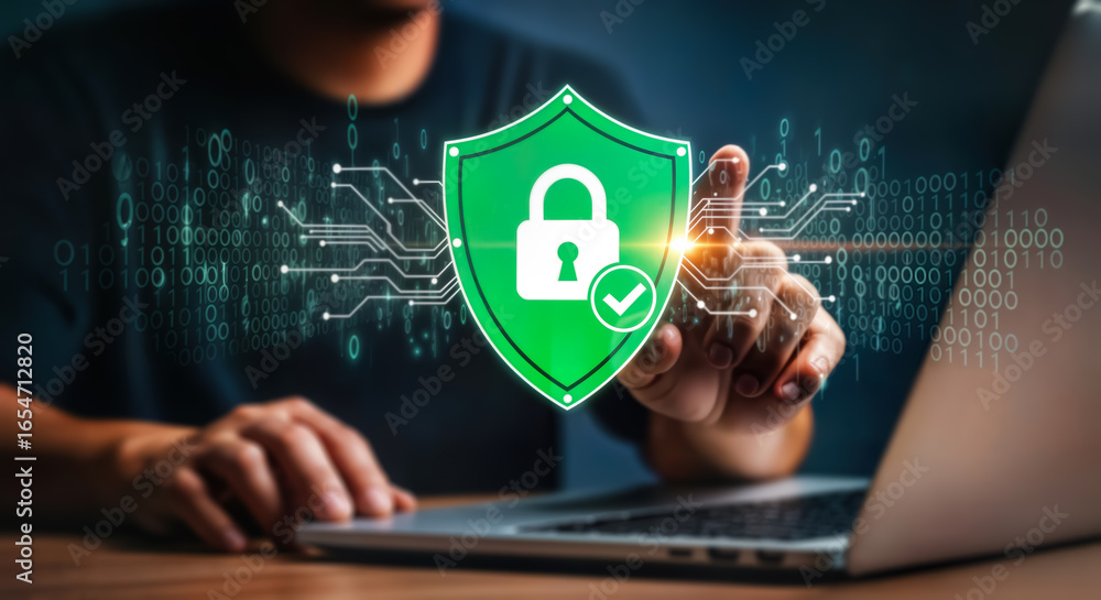 Poster cybersecurity concept with a person interacting with a digital shield icon symbolizing data protecti