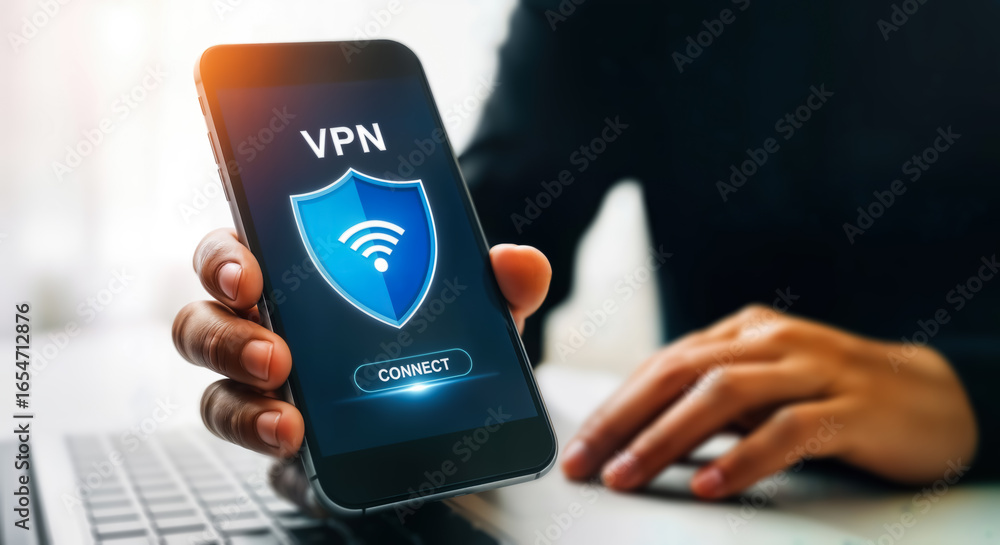 Poster person holding a smartphone displaying a vpn connection with a shield icon, symbolizing online secur