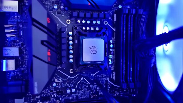 Illuminated Motherboard and Components Inside a Modern Gaming PC Build with RGB Lighting Effects