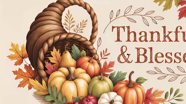 autumn harvest cornucopia with pumpkins and thankful message