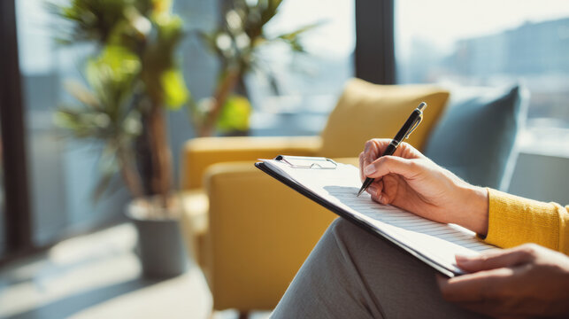 Person filling out therapy intake form with pen on clipboard in bright waiting room - Powered by Adobe
