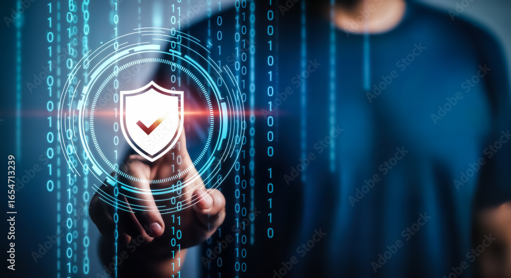 Poster a persons finger touches a glowing digital shield with a checkmark, symbolizing data security and pr