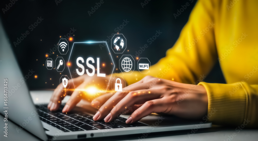 Poster closeup of a person typing on a laptop with a glowing ssl security icon and digital network symbols,