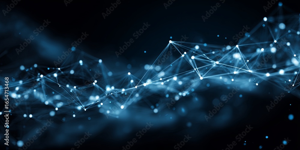 Poster abstract digital network background with interconnected nodes and glowing points on a dark blue back