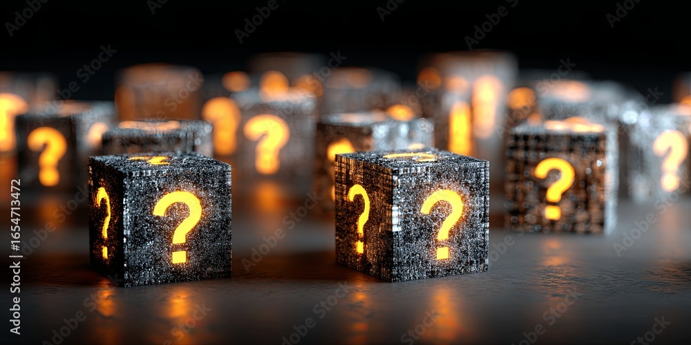Poster blocks with glowing question marks on a dark background representing curiosity, uncertainty, and sea