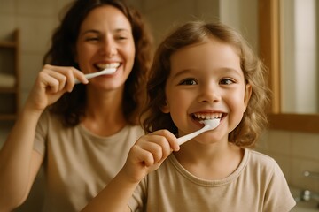 mother and daughter brushing teeth together, bonding moment, happy family routine, morning hygiene, smiling mother and child