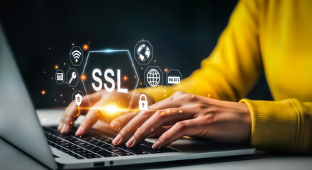 Closeup of a person typing on a laptop with a glowing ssl security icon and digital network symbols, representing online data protection and secure internet connections