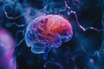 Obraz premium Stylized digital image of a glowing human brain with neural connections.
