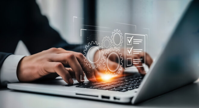 Closeup of a businessmans hands typing on a laptop, with digital gears and a checklist overlay symbolizing process, workflow, and task management in a modern business environment