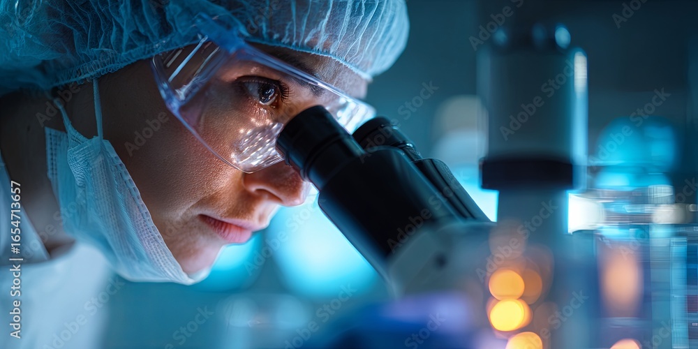 Poster scientist conducting research with microscope in laboratory setting focused on scientific investigat