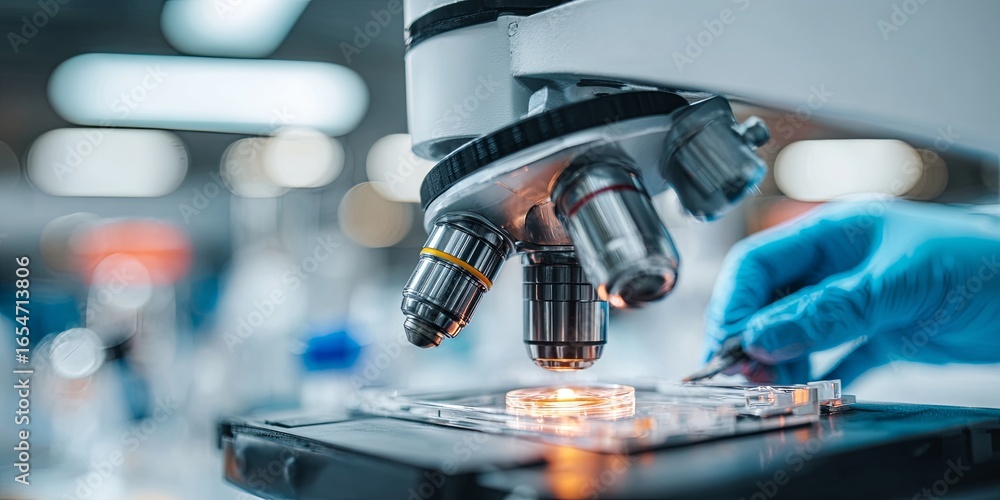 Poster scientist conducting research with microscope in laboratory setting focused on scientific investigat